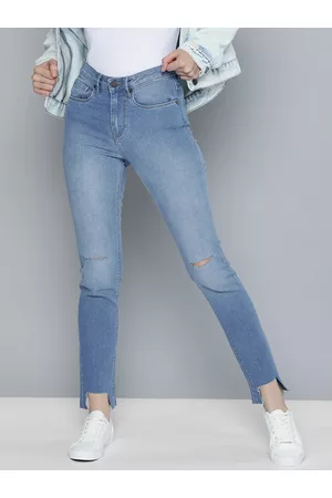HERE&NOW Women Blue Skinny Fit High-Rise Slash Knee Heavy Fade Stretchable Jeans