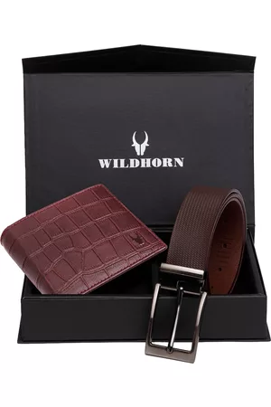 WildHorn Men Maroon & Brown RFID Protected Genuine Leather Accessory Gift Set