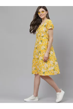 HERE&NOW Women Yellow & White Printed Pure Cotton A-Line Dress