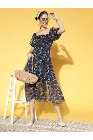 ATHENA Women Deep Navy Blue Floral Volume Play Dress