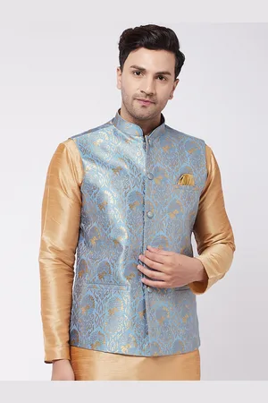 Vastramay Men Blue & Grey Woven Design Silk Blend Nehru Jacket