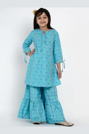 Bhama Girls Blue & White Printed Kurta with Sharara