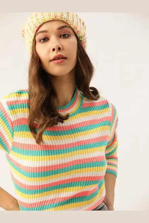DressBerry Women Yellow & Green Striped Ribbed Pullover
