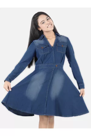 StyleStone Girls Blue Cotton Denim Shirt Dress