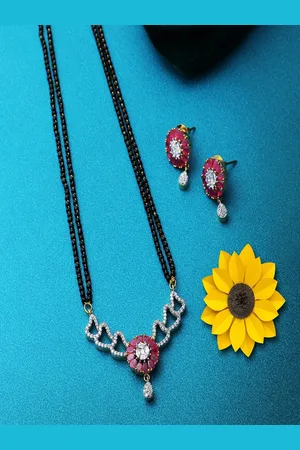 Adwitiya Collection Gold-Plated Black & Pink AD-Studded Beaded Mangalsutra with Earrings