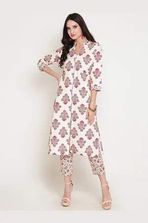 Sera Women Off White Floral Printed Pleated A-Line Pure Cotton Kurti with Trousers