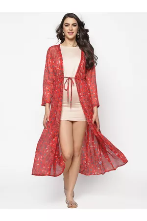Sera Women Red & Teal Floral Printed Tie-Up Shrug