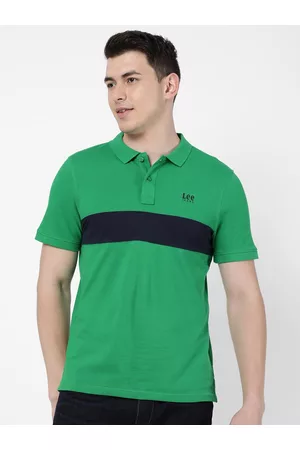Lee Men Green Striped Polo Collar Slim Fit Cotton T-shirt