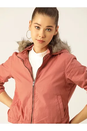 DressBerry Women Dusty Pink Pure Cotton Solid Hooded Parka Jacket with Faux Fur Trim