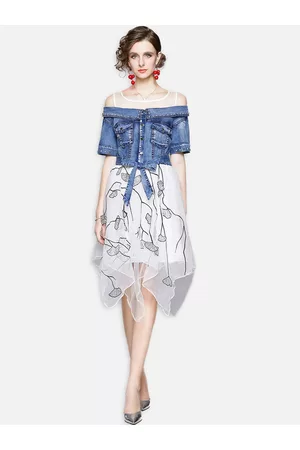 JC Collection Blue Floral Off-Shoulder A-Line Dress
