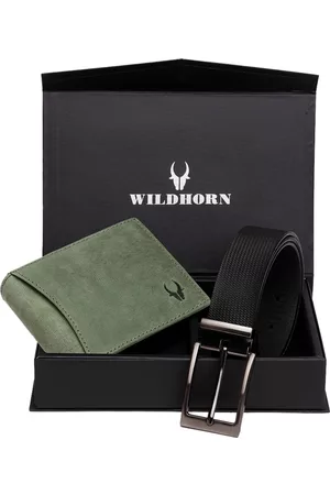 WildHorn Men Green & Black RFID Protected Genuine Leather Accessory Gift Set