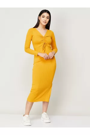 Lifestyle Women Midi Dresses - Women Mustard Yellow Striped Midi Cotton Dress