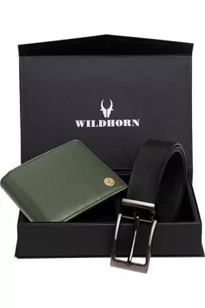 WildHorn Men Green RFID Protected Genuine Leather Wallet & Belt Accessory Gift Set