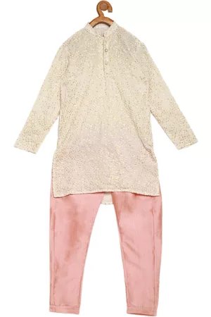 Ethnovog Boys Beige Ethnic Motifs Embroidered Regular Kurta with Pyjamas
