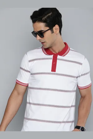 HERE&NOW Men White & Red Striped Polo Collar T-shirt