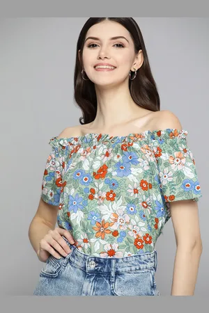 Mast & Harbour Sage Green & Blue Floral Print Off-Shoulder Bardot Top
