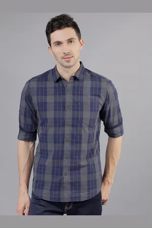 LocoMotive Men Navy Blue & Grey Slim Fit Checked Casual Shirt