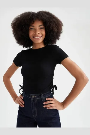 DeFacto Women Black Ribbed Ruched Top