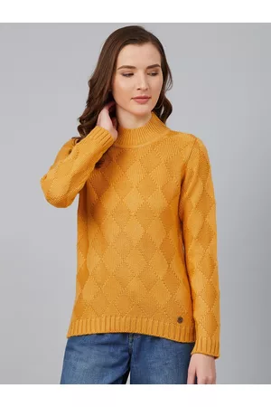 Cayman Women Mustard Yellow Argyle Self Design Pullover