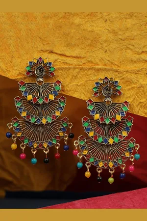 ANIKAS CREATION Gold-Plated Yellow & Red Crescent Shaped Drop Earrings