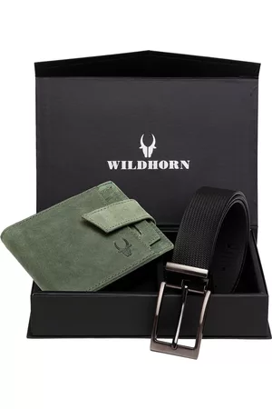 WildHorn Men Blue Textured RFID Protected Genuine Leather Wallet & Belt Accessory Gift Set