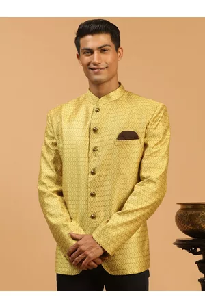 Vastramay Men Yellow Self Design Single-Breasted Bandhgala Blazer