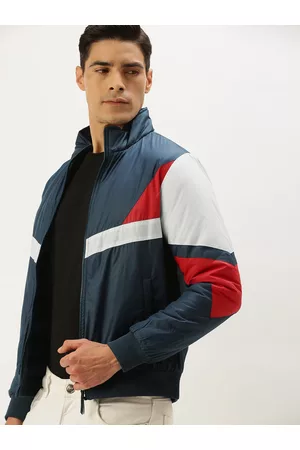 Flying Machine Men Navy Blue White Colourblocked Bomber Jacket