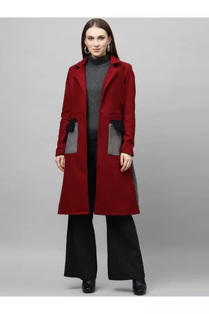 ATHENA Women Burgundy Solid Knee-Length Woollen Overcoat