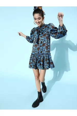 KASSUALLY Women Stunning Blue Floral Power Shoulder Dress