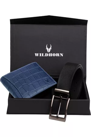 WildHorn Men Blue & Black RFID Protected Genuine Leather Accessory Gift Set
