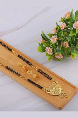 Brandsoon Black-Toned & Gold-Plated Beaded Traditional Mangalsutra With Earrings