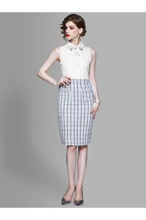 JC Collection Women Blue & White Checked Coat with Skirt
