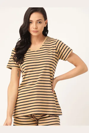 ETC Women Beige & Navy Blue Pure Cotton Striped Lounge T-Shirt
