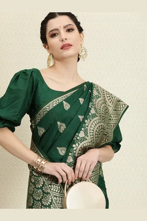 House of Pataudi Green & Gold-Toned Ethnic Motifs Zari Silk Blend Banarasi Saree
