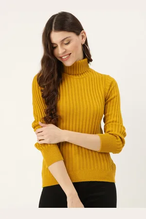 DressBerry Women Mustard Yellow Ribbed Pullover Sweater