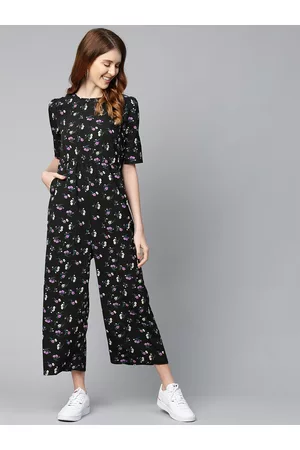 Mast & Harbour Women Black & Purple Floral Print Basic Jumpsuit