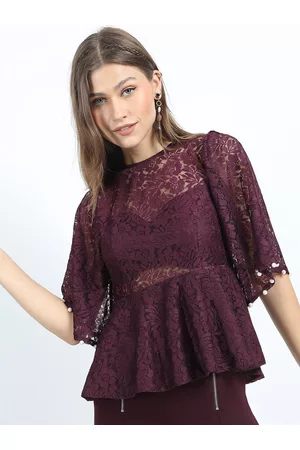 Tokyo Talkies Women Maroon Self Design Lace Peplum Top
