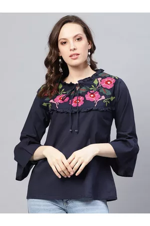 Bhama Couture Women Navy Blue Embroidered A-Line Pure Cotton Top