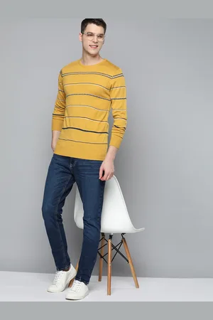 Mast & Harbour Men Mustard Yellow Striped Acrylic Pullover