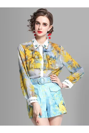 JC Collection Women Yellow & Blue Printed Shirt with Shorts Co-Ords Set