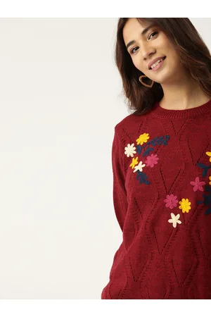 DressBerry Women Maroon Self Design Pullover Sweater