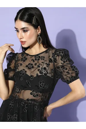 ATHENA Women Stylish Black Floral Transparent Touch Dress
