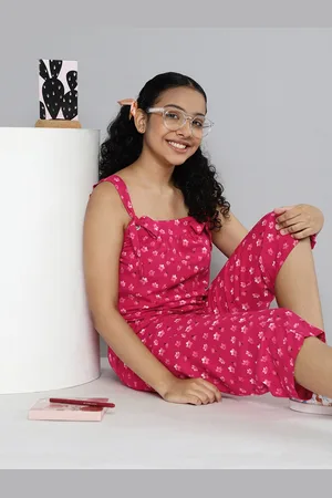 HERE&NOW Girls Fuchsia Floral Printed Top with Trousers