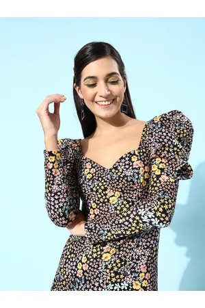 KASSUALLY Women Stylish Black Floral Sweetheart Neck Dress