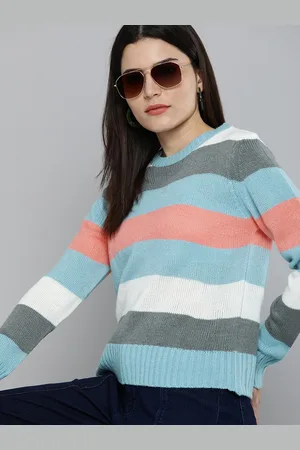 Mast & Harbour Women Blue & Grey Striped Pullover Sweater