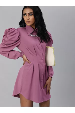 KASSUALLY Women Purple Solid Pleated Power Shoulder Shirt Dress
