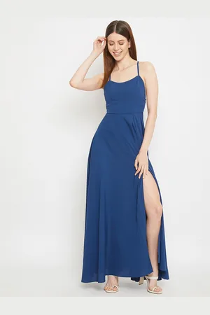 Berrylush Women Blue Crepe Backless Maxi Dress