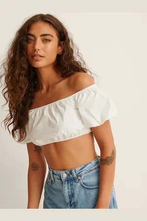 NA-KD Women White Solid Organic Cotton Off-Shoulder Crop Top