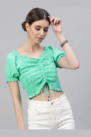 STREET 9 Women Green Smocked Fitted Crop Top