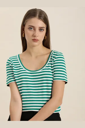 Invictus Women Green & White Striped Pure Cotton T-shirt